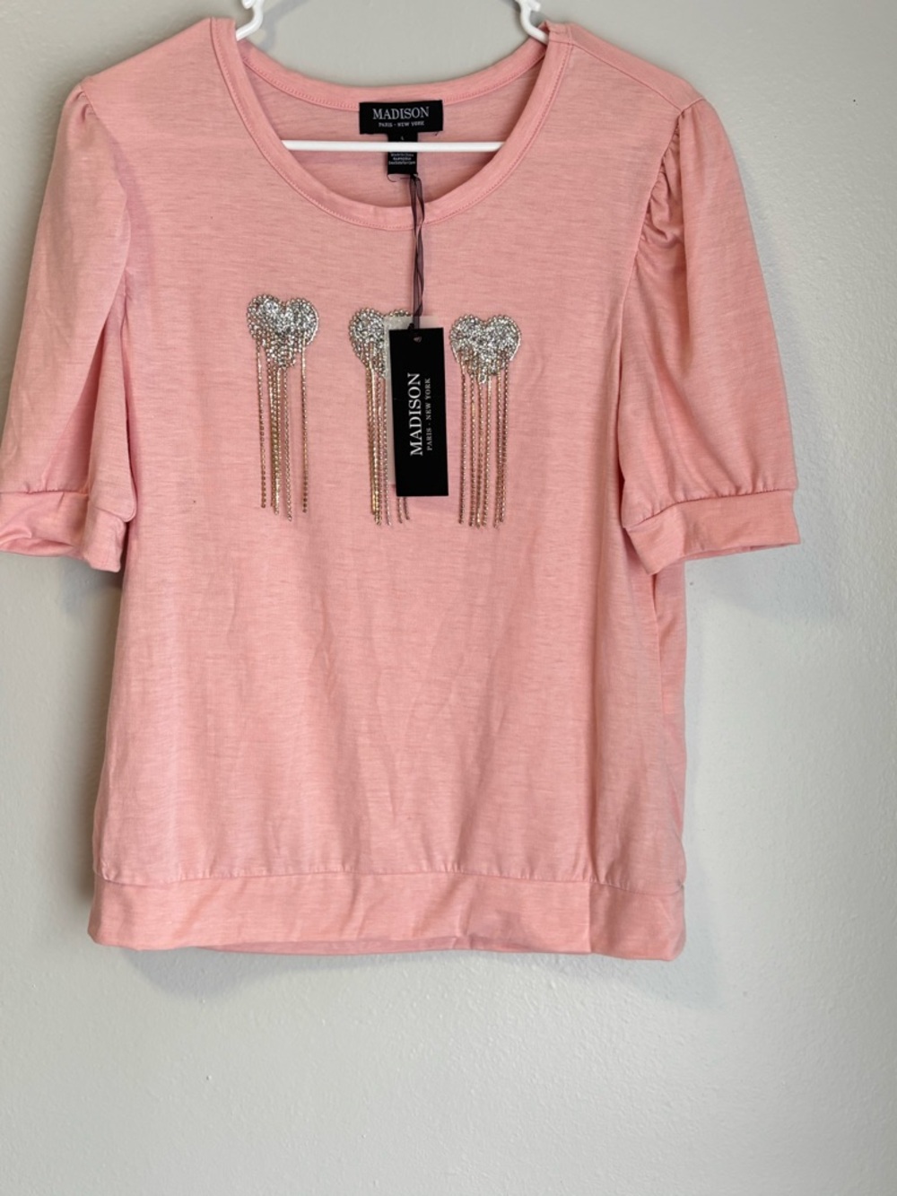 Madison Light Pink Rhinestone Heart Fringe Tee